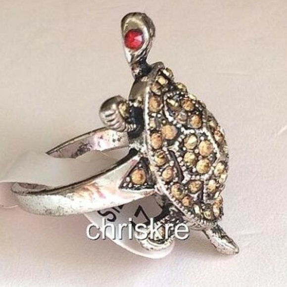 Silver Sea Life Turtle Cocktail Ring Size 6 Champagne Peach Crystals Plated Cute - Picture 5 of 8